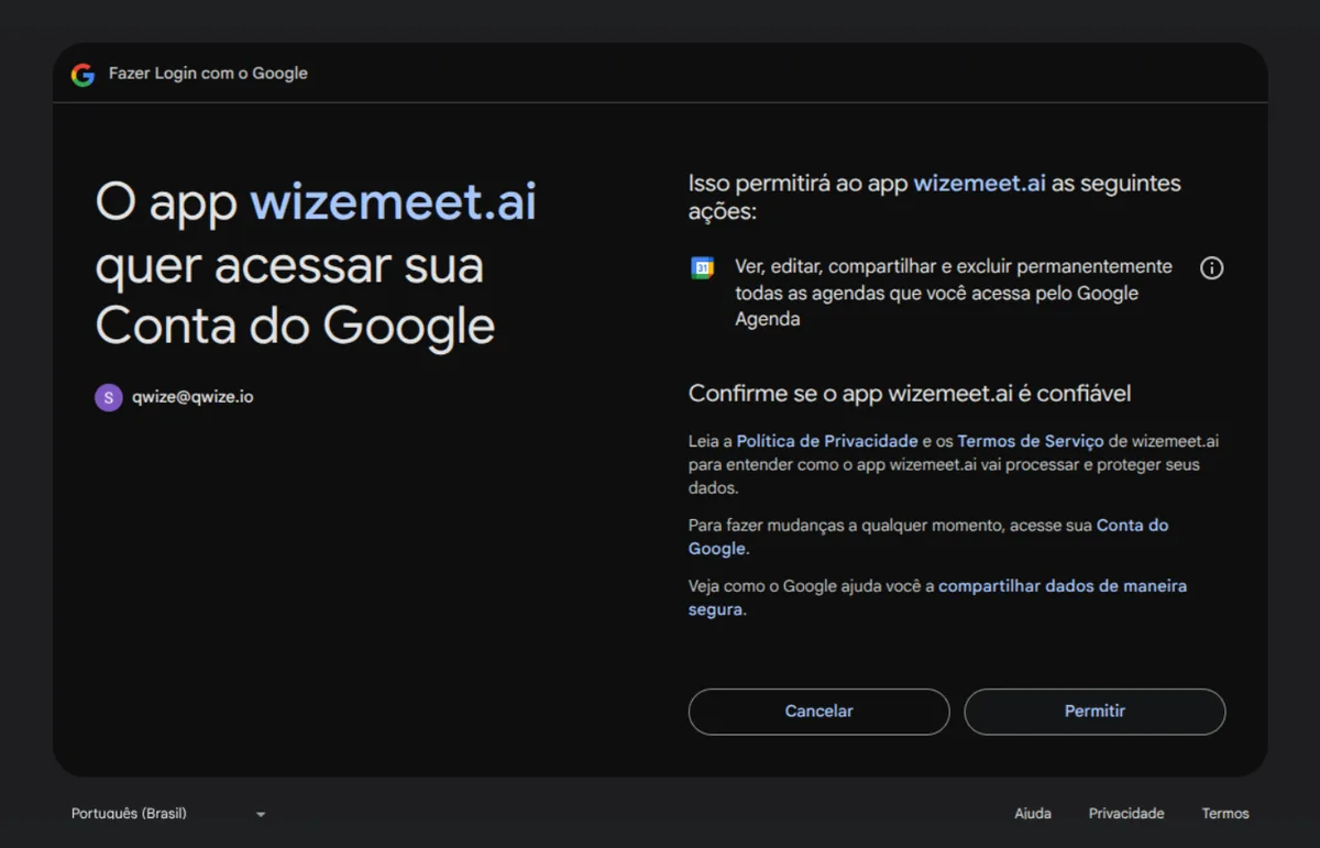 Tela de autorização da conta Google concedendo acesso à agenda ao app wizemeet.ai