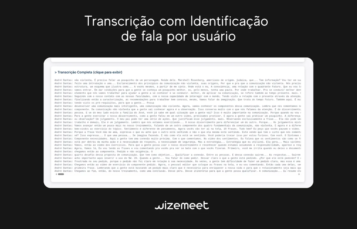 Transcrição completa da reunião com identificação de fala por usuário