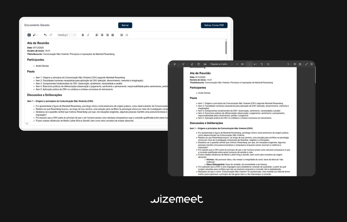 Documento de ata gerado pelo WizeMeet aberto no editor e exportado em PDF